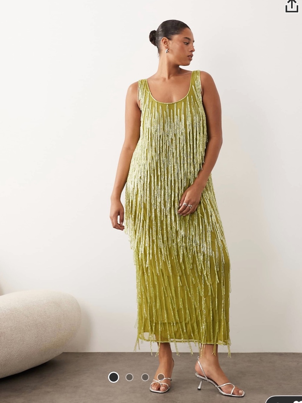 NWOT ARRANGE Curve beaded fringe scoop neck midi dress in olive - Plus Size 24